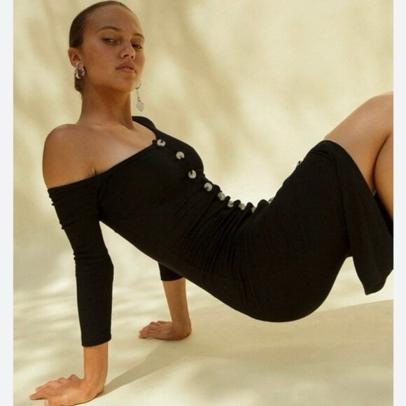 NWOT The Line by K Gemma Black Button-Front Off-Shoulder Midi Dress Size Small - Picture 6 of 9